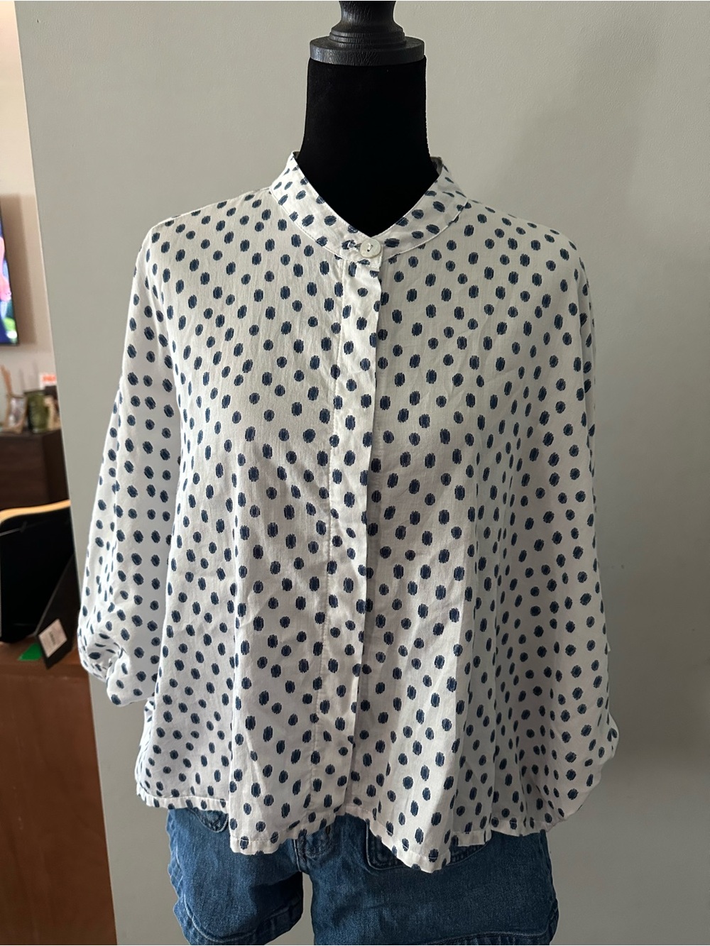 Bryn Walker White and Navy Polka Dot Button-Up Top